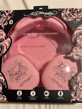 Ed Hardy Pink Tattoo-Print Wireless On-Ear Headphones